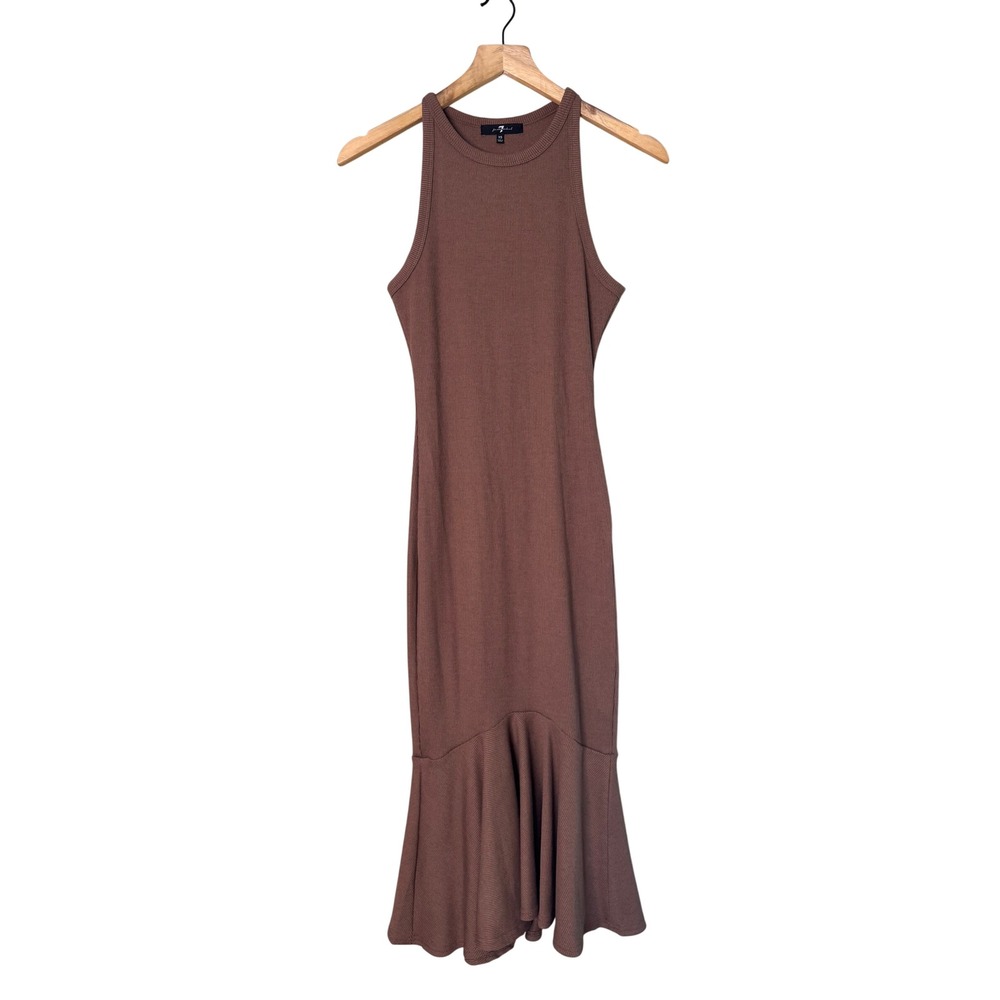7 For All Mankind Womens Mauve Brown Ribbed Knit Flounce Hem Midi Dress XS 80657